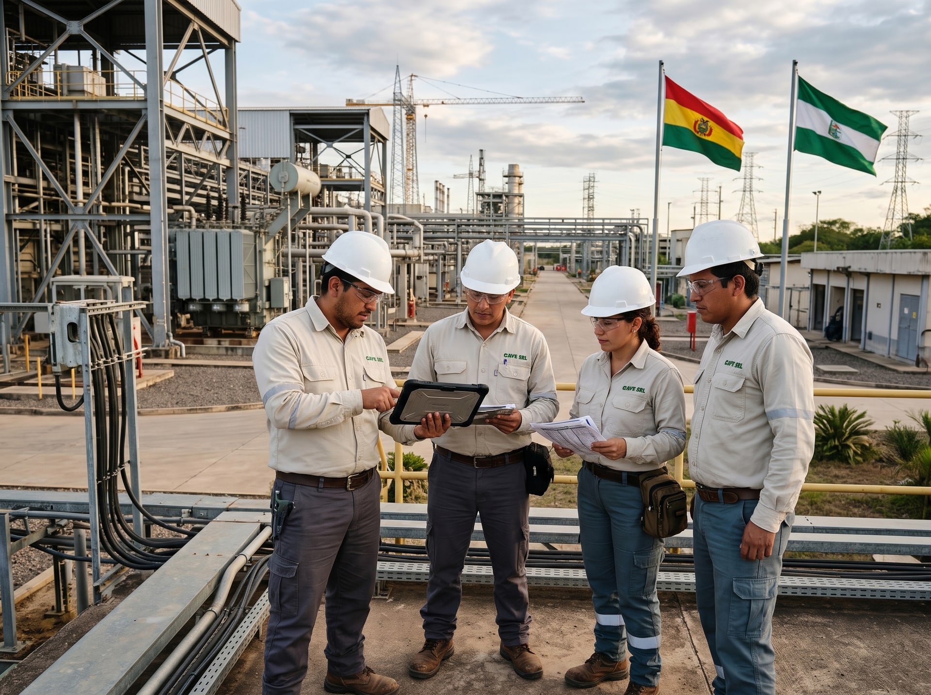 Equipo de ingenieros y fiscalizadores QHSE de Consultora América Verde SRL realizando auditoría técnica en planta industrial de Santa Cruz, Bolivia